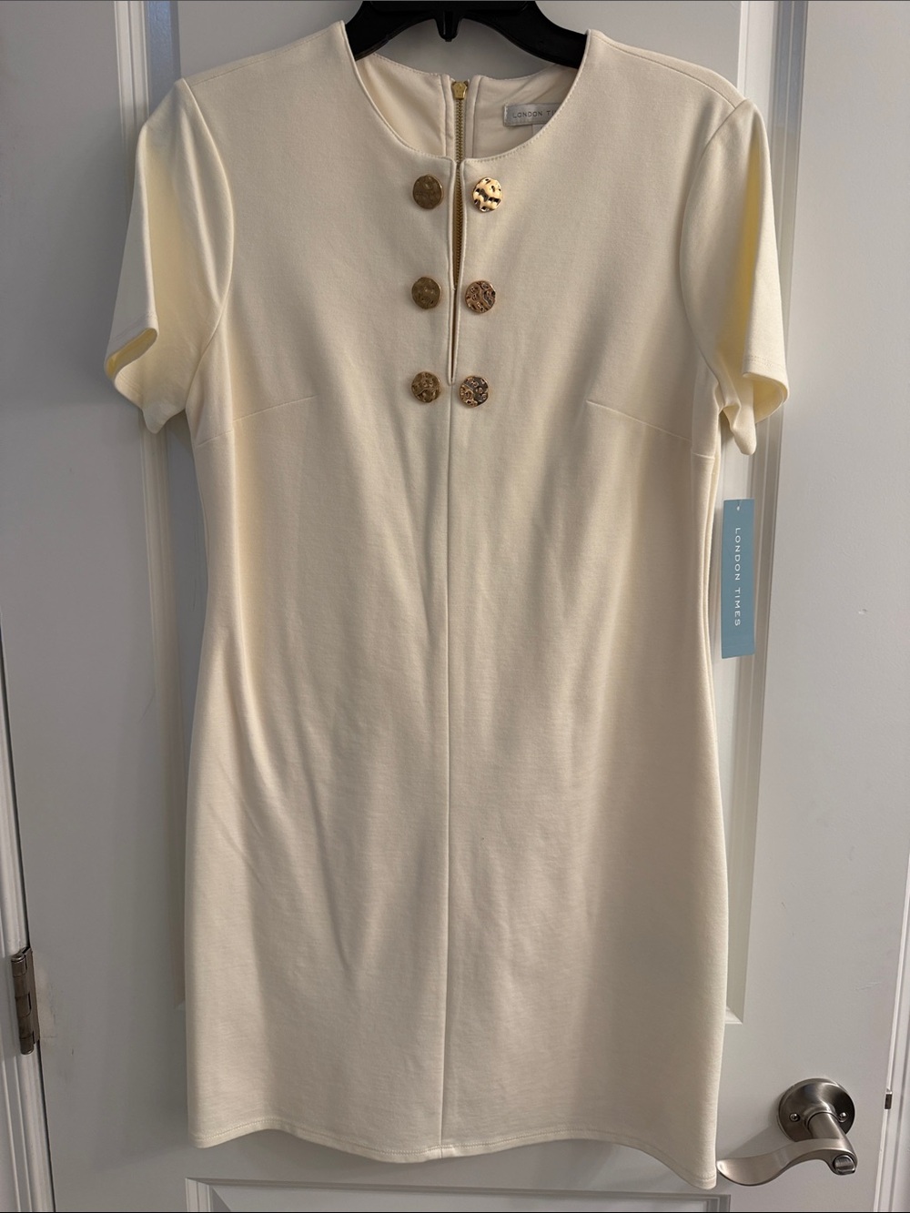 London Times Cream Mini Dress with Gold Buttons